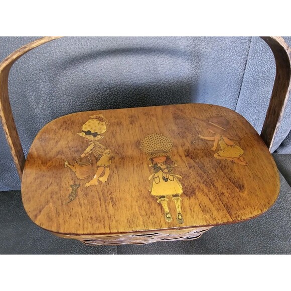 Decoupage Holly Hobbie Wood Basket Purse Vintage Lined with Colorful Fabric - Picture 9 of 11